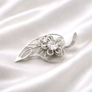 Vintage Silver Floral Leaf Brooch Crystal Flower Pin, Elegant Metal Filing